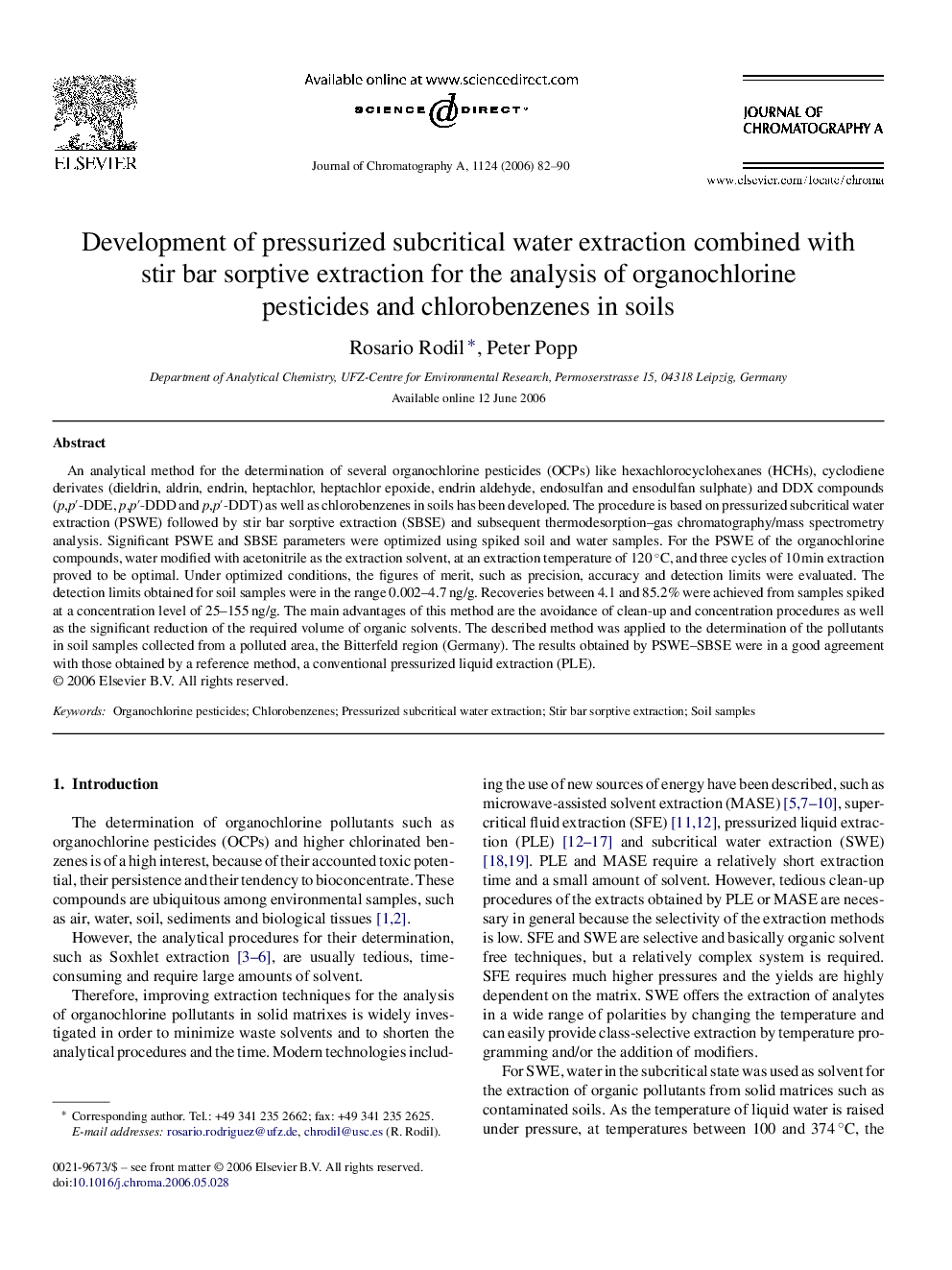 Development of pressurized subcritical water extraction combined with stir bar sorptive extraction for the analysis of organochlorine pesticides and chlorobenzenes in soils