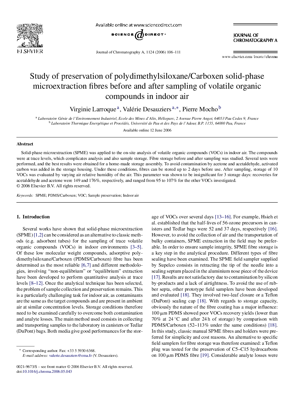 Study of preservation of polydimethylsiloxane/Carboxen solid-phase microextraction fibres before and after sampling of volatile organic compounds in indoor air