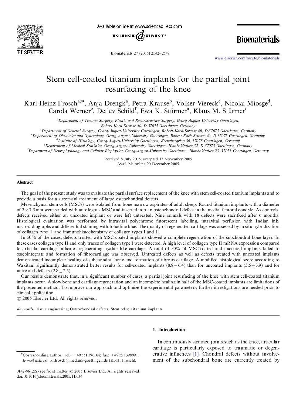 Stem cell-coated titanium implants for the partial joint resurfacing of the knee