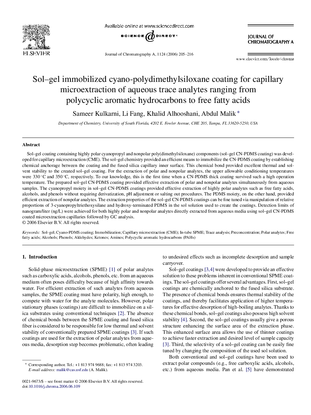 Sol–gel immobilized cyano-polydimethylsiloxane coating for capillary microextraction of aqueous trace analytes ranging from polycyclic aromatic hydrocarbons to free fatty acids