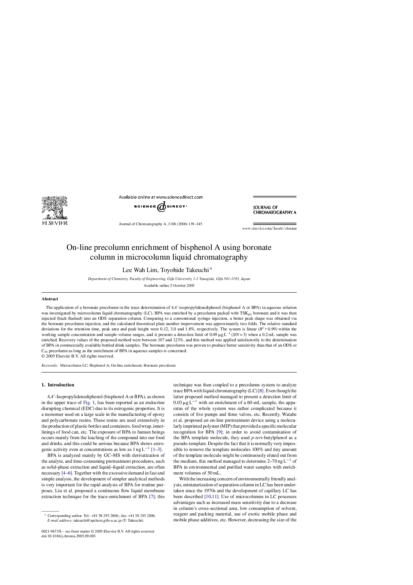 On-line precolumn enrichment of bisphenol A using boronate column in microcolumn liquid chromatography