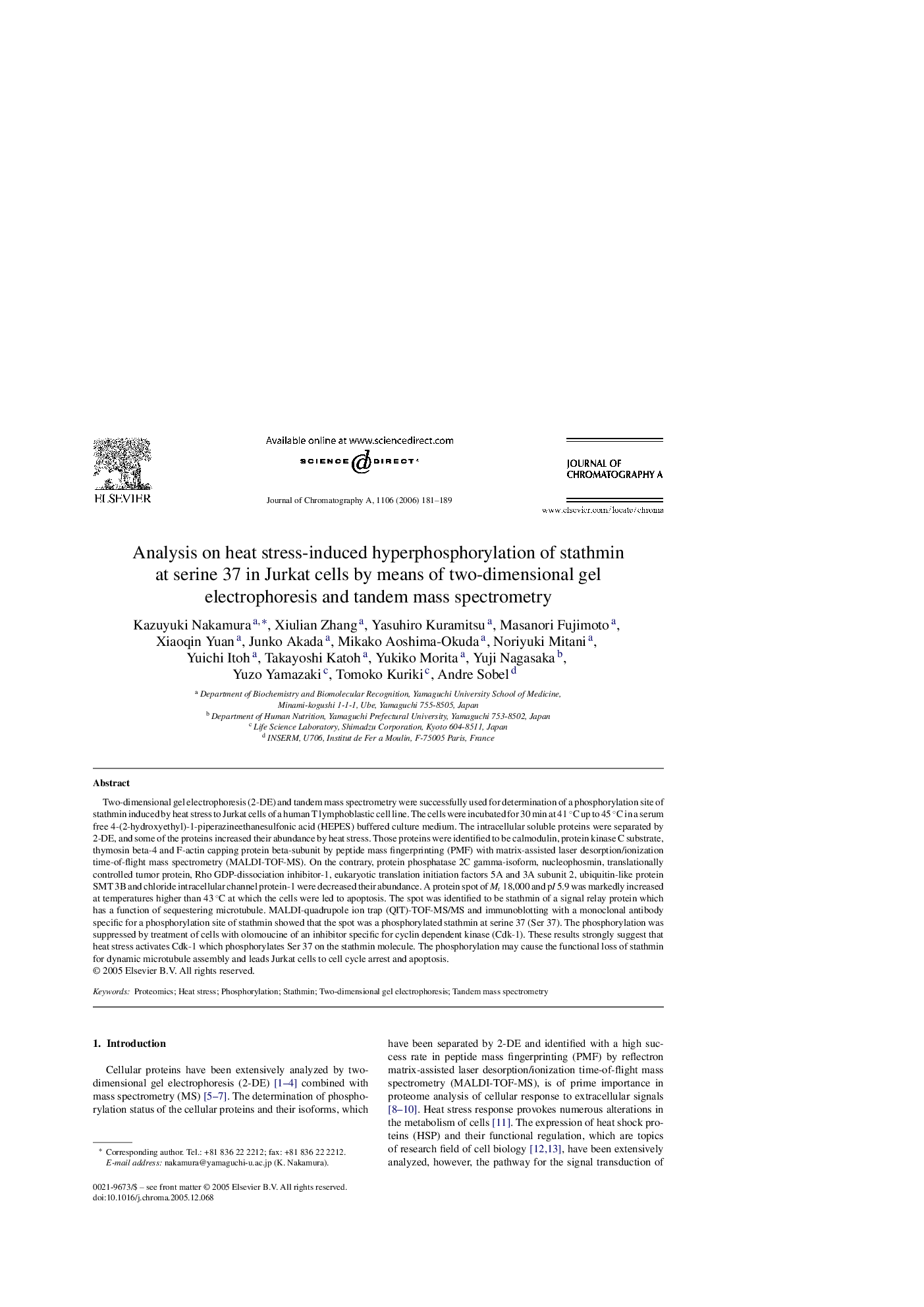 Analysis on heat stress-induced hyperphosphorylation of stathmin at serine 37 in Jurkat cells by means of two-dimensional gel electrophoresis and tandem mass spectrometry