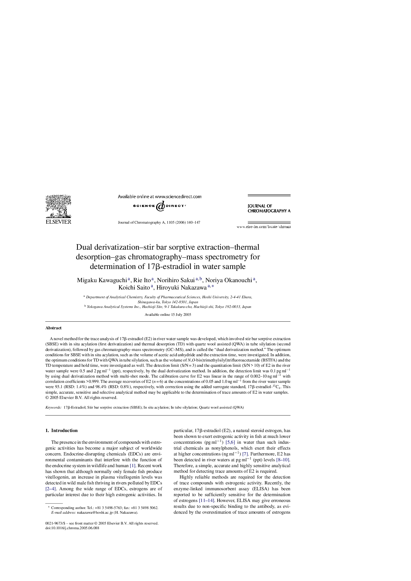 Dual derivatization–stir bar sorptive extraction–thermal desorption–gas chromatography–mass spectrometry for determination of 17β-estradiol in water sample