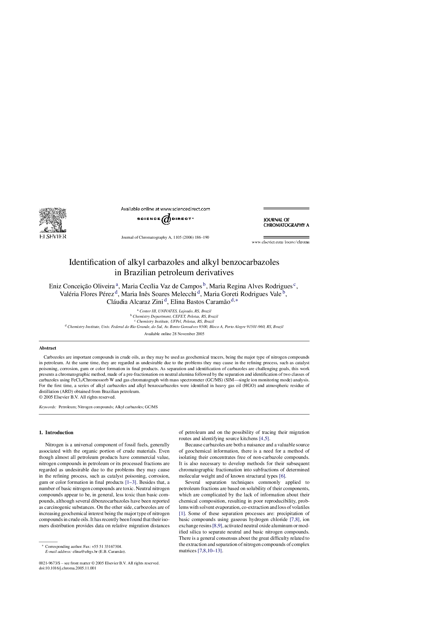 Identification of alkyl carbazoles and alkyl benzocarbazoles in Brazilian petroleum derivatives