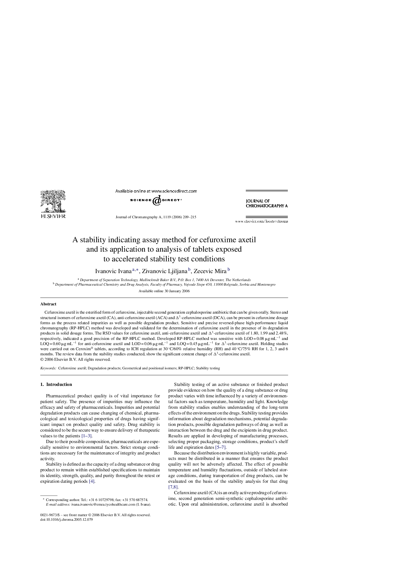 A stability indicating assay method for cefuroxime axetil and its application to analysis of tablets exposed to accelerated stability test conditions