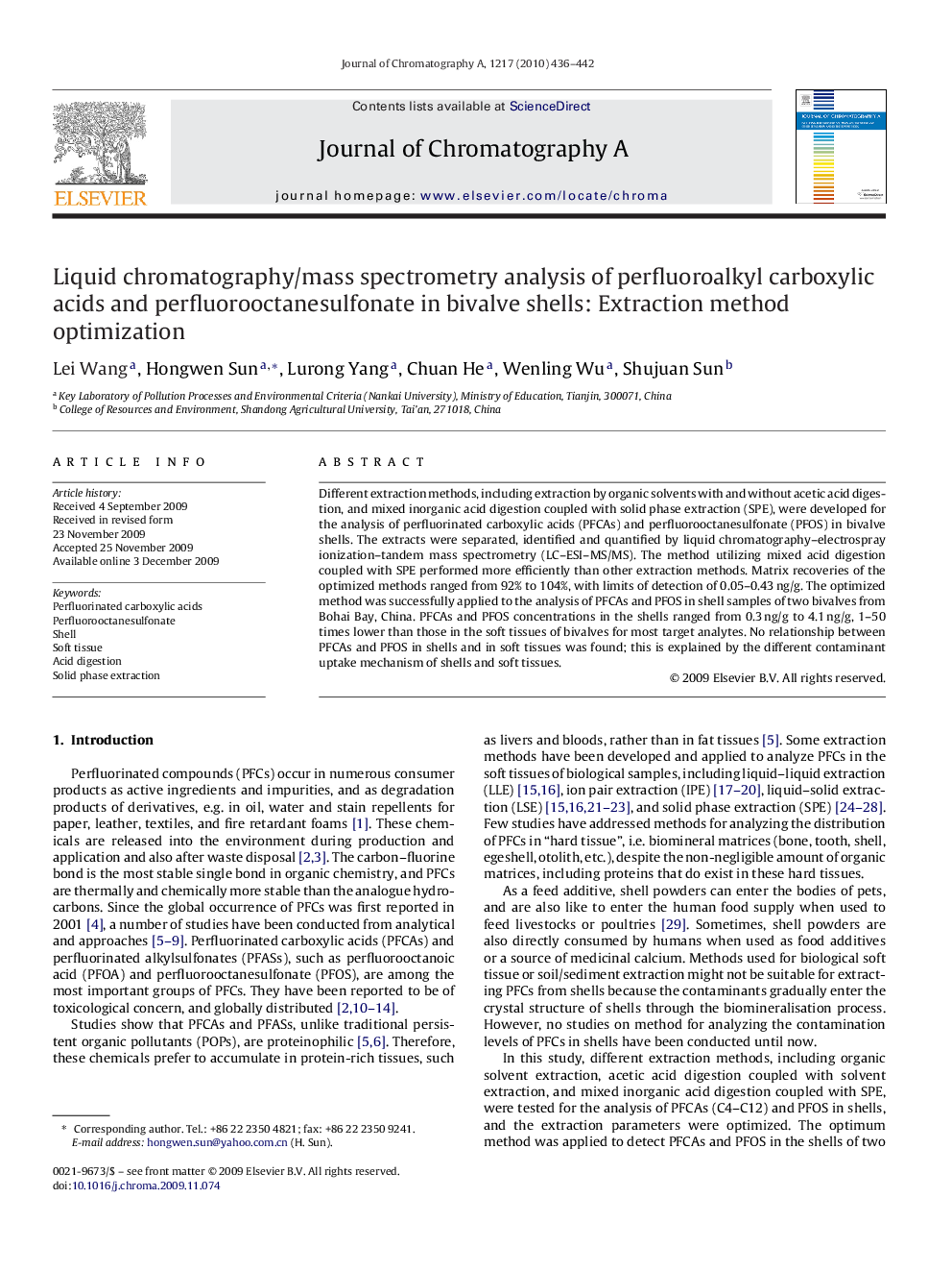 Liquid chromatography/mass spectrometry analysis of perfluoroalkyl carboxylic acids and perfluorooctanesulfonate in bivalve shells: Extraction method optimization