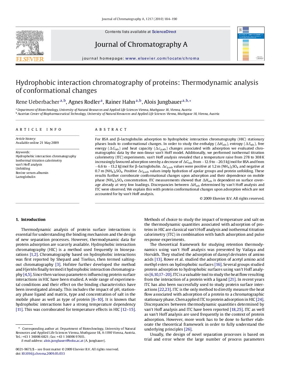 Hydrophobic interaction chromatography of proteins: Thermodynamic analysis of conformational changes