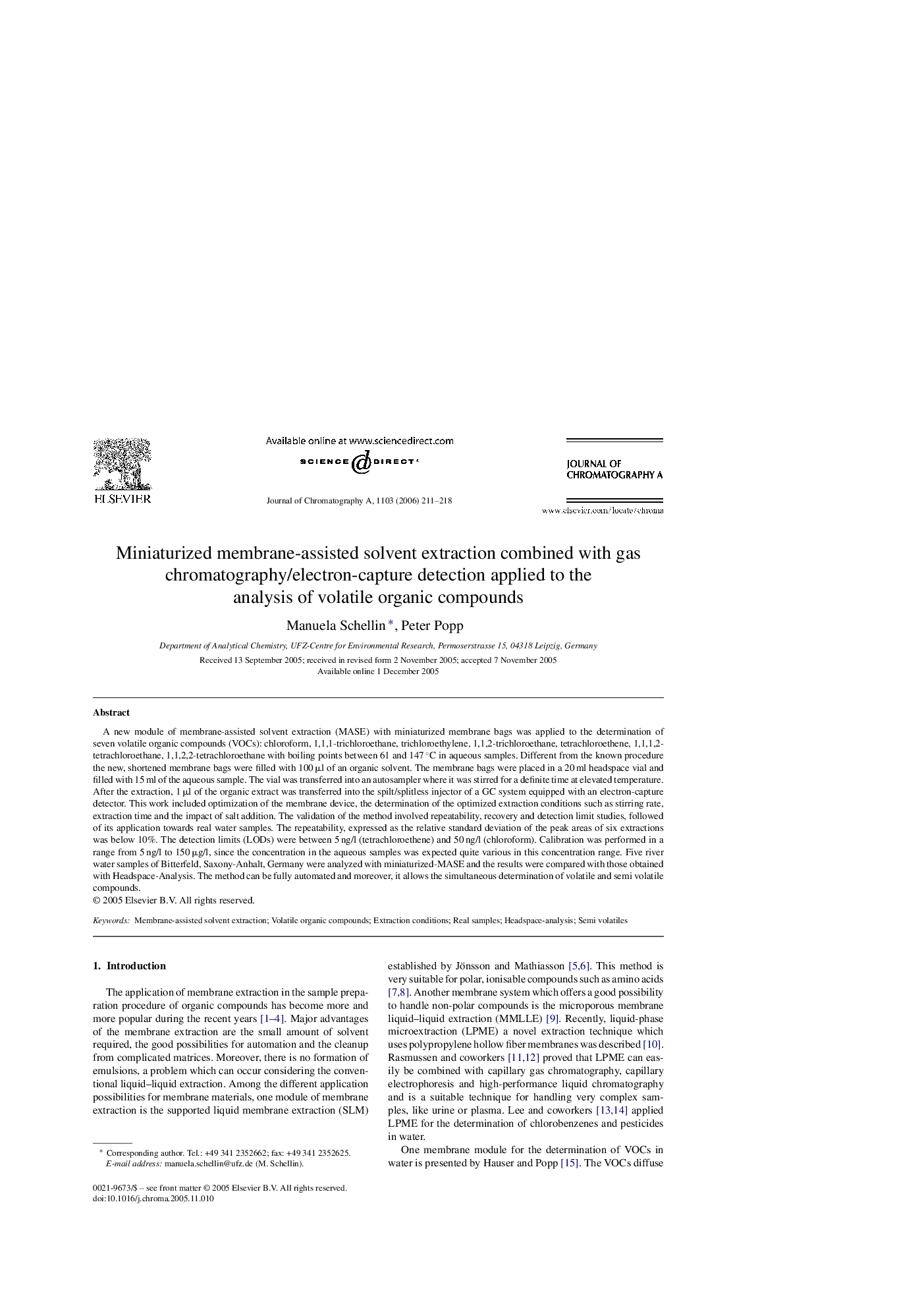 Miniaturized membrane-assisted solvent extraction combined with gas chromatography/electron-capture detection applied to the analysis of volatile organic compounds