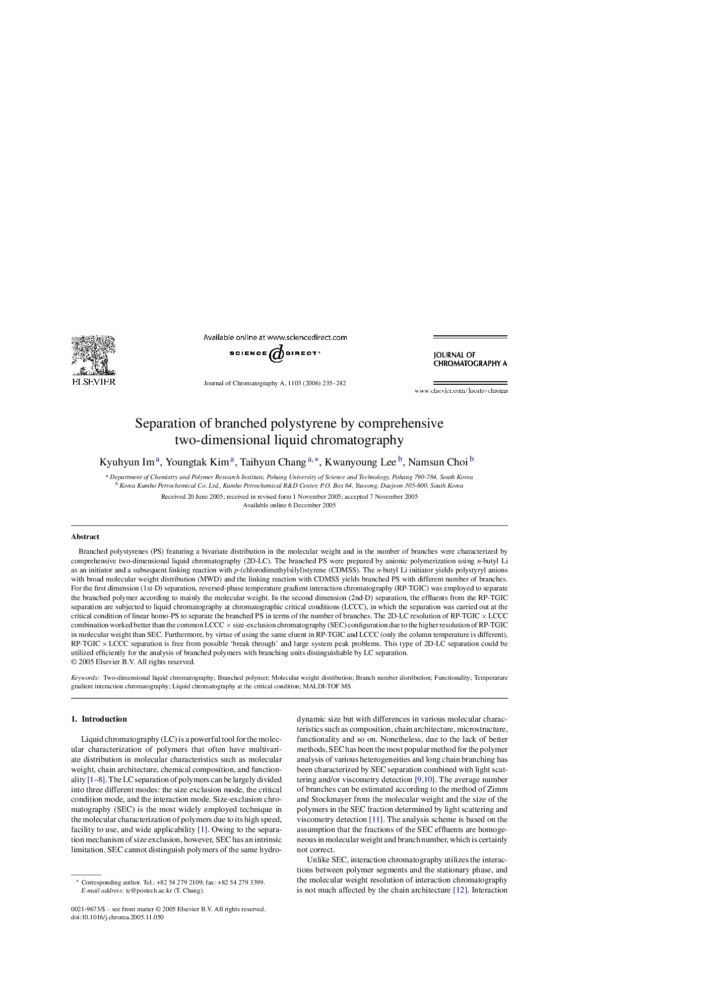 Separation of branched polystyrene by comprehensive two-dimensional liquid chromatography