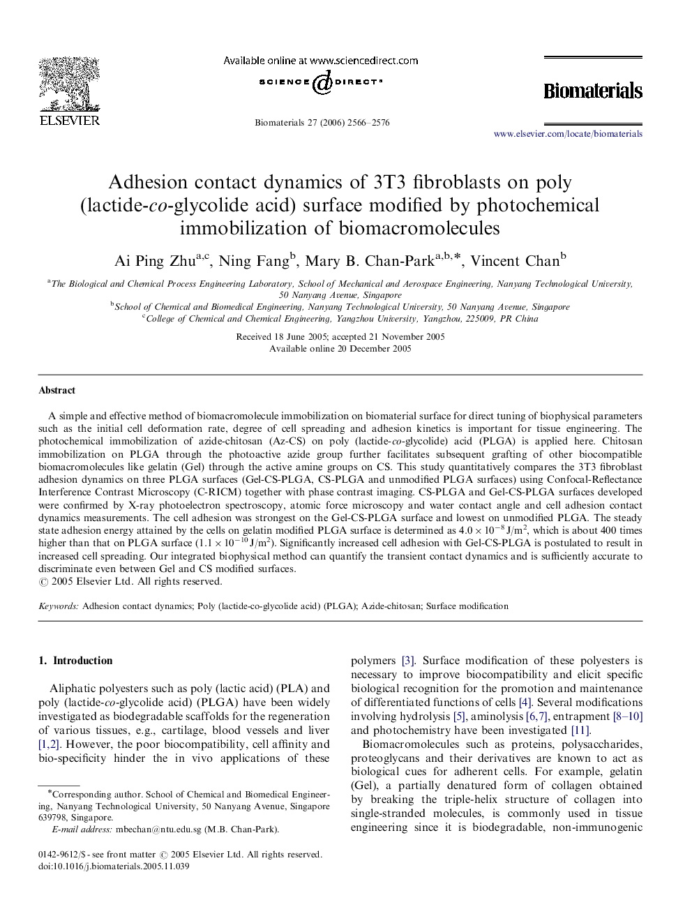 Adhesion contact dynamics of 3T3 fibroblasts on poly (lactide-co-glycolide acid) surface modified by photochemical immobilization of biomacromolecules