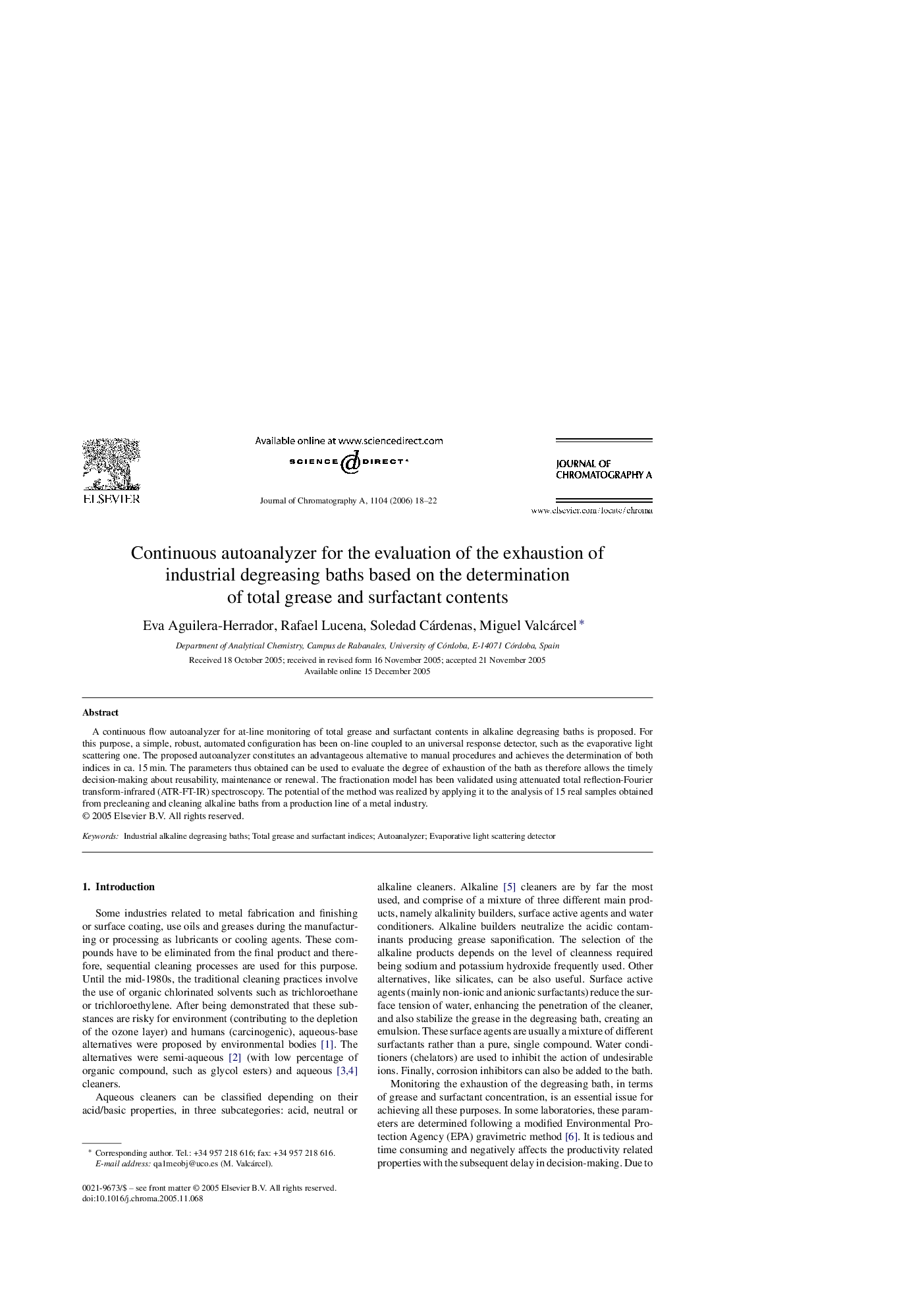 Continuous autoanalyzer for the evaluation of the exhaustion of industrial degreasing baths based on the determination of total grease and surfactant contents