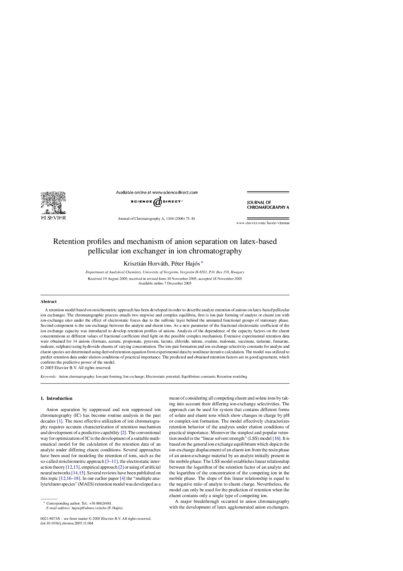 Retention profiles and mechanism of anion separation on latex-based pellicular ion exchanger in ion chromatography