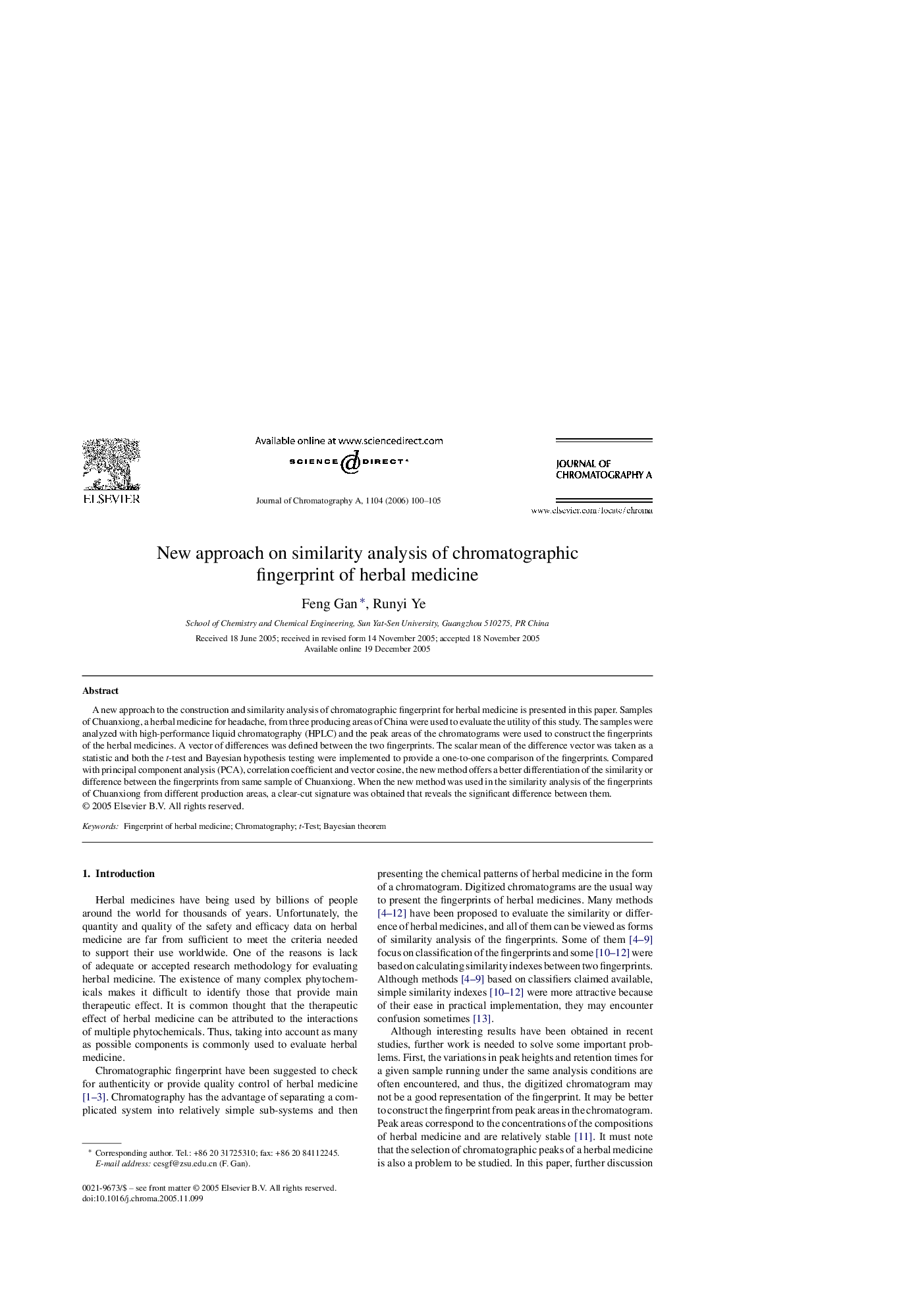 New approach on similarity analysis of chromatographic fingerprint of herbal medicine