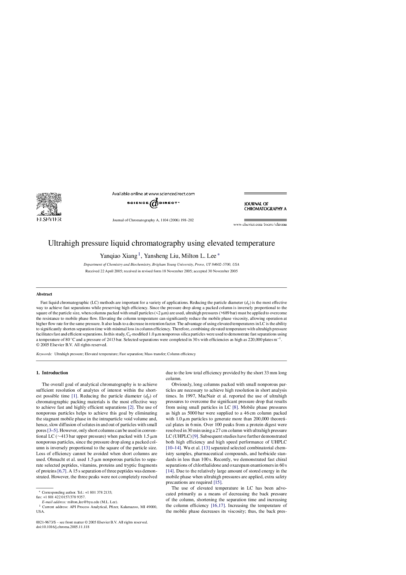 Ultrahigh pressure liquid chromatography using elevated temperature