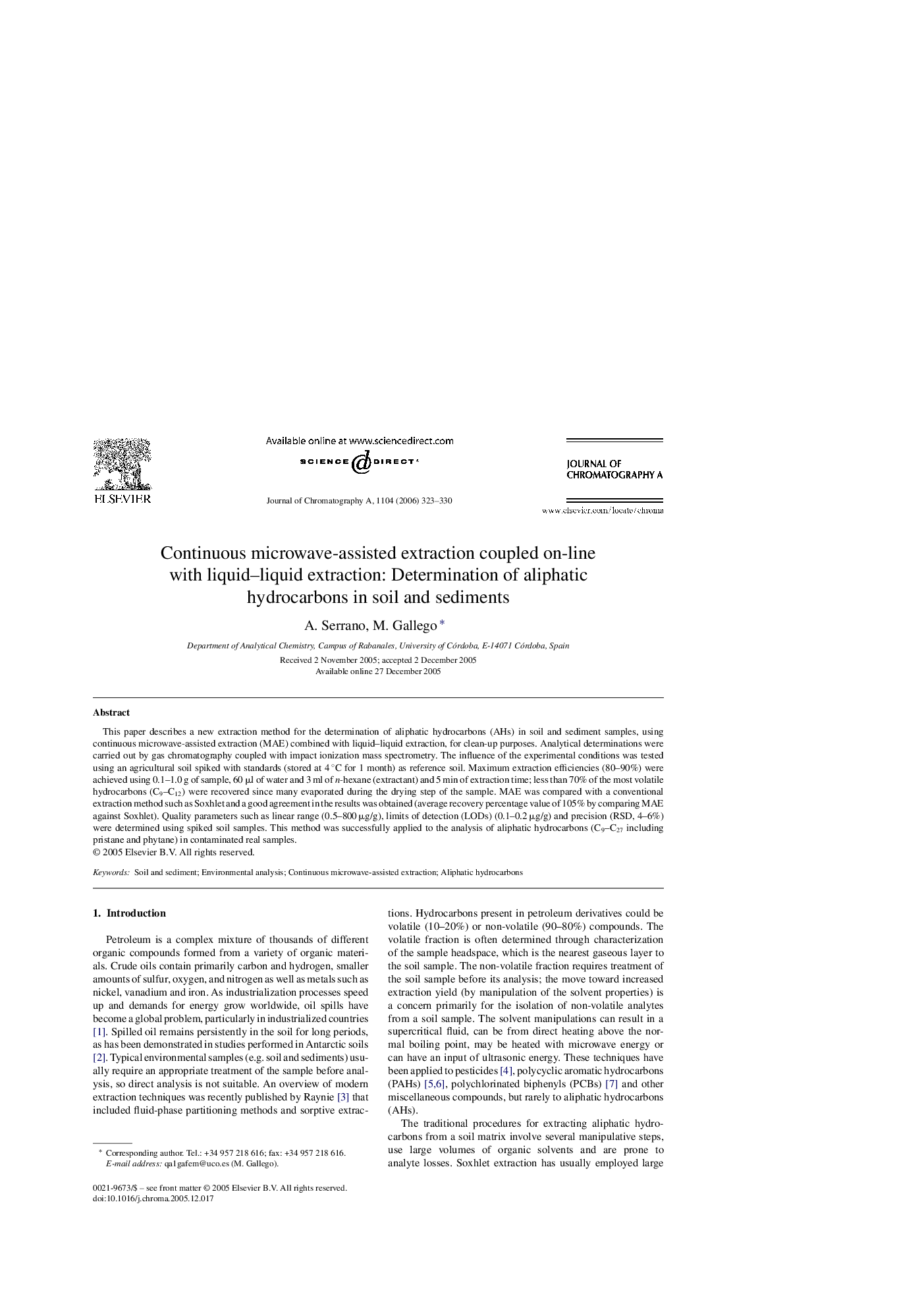 Continuous microwave-assisted extraction coupled on-line with liquid–liquid extraction: Determination of aliphatic hydrocarbons in soil and sediments