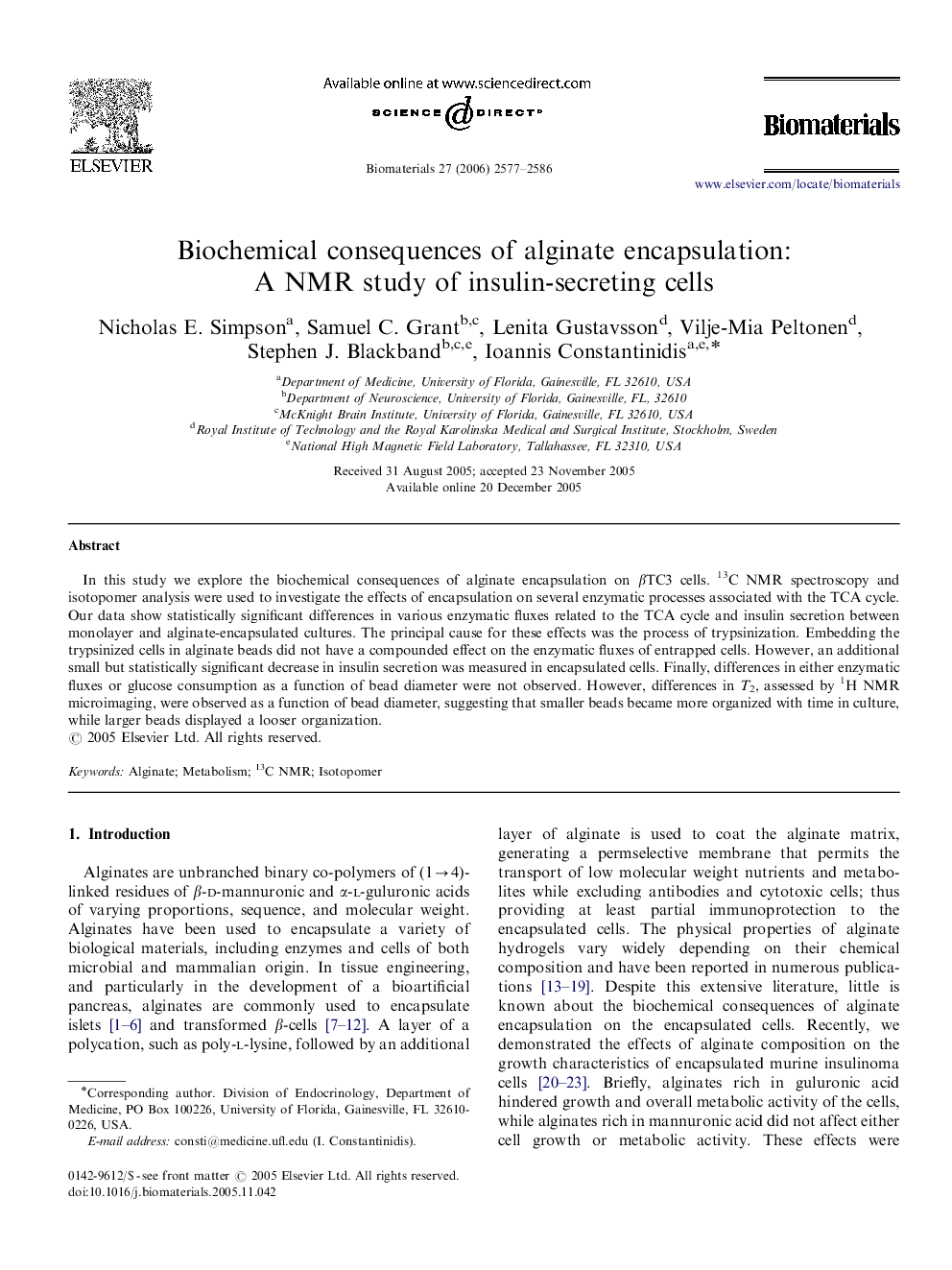 Biochemical consequences of alginate encapsulation: A NMR study of insulin-secreting cells