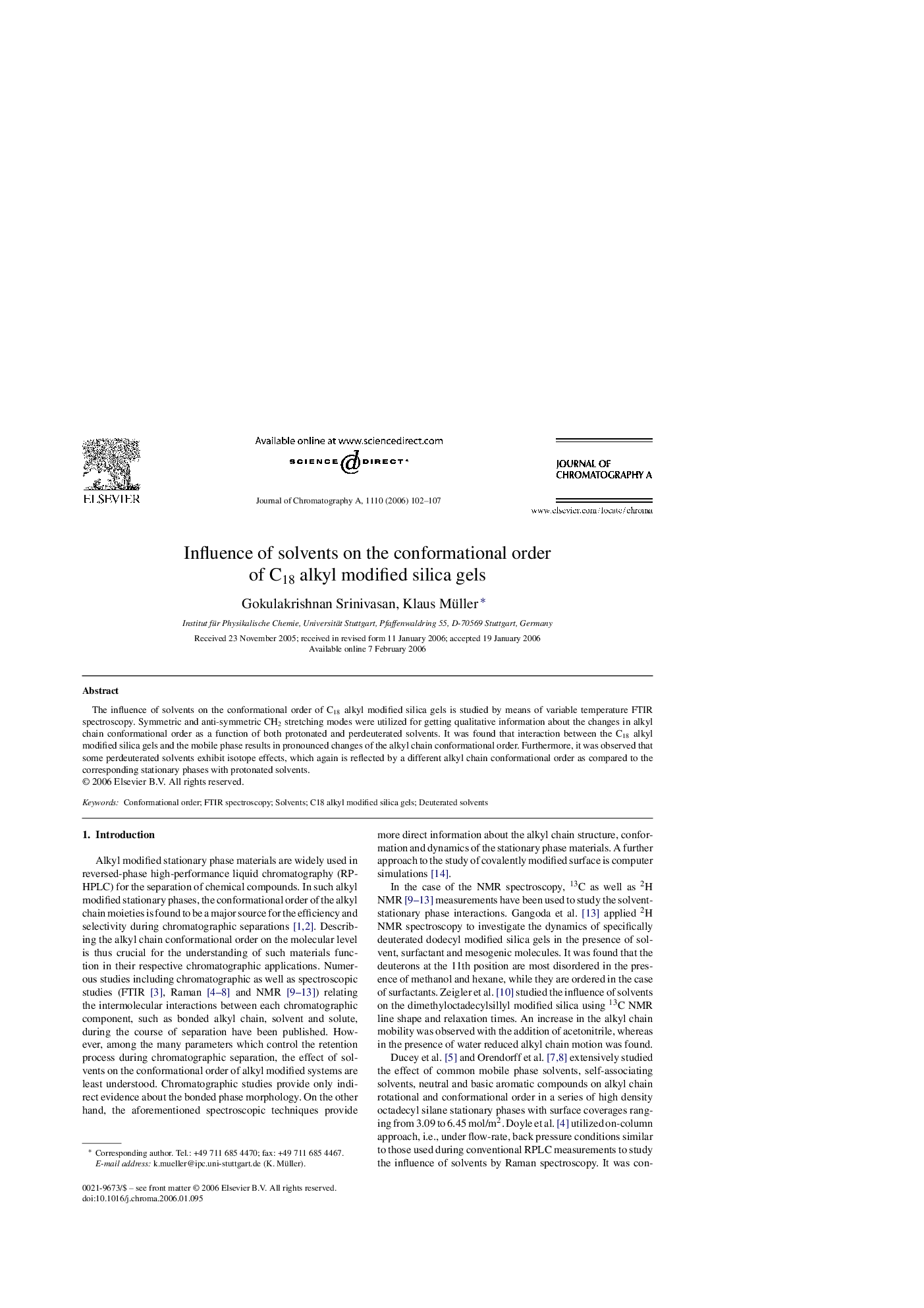 Influence of solvents on the conformational order of C18 alkyl modified silica gels