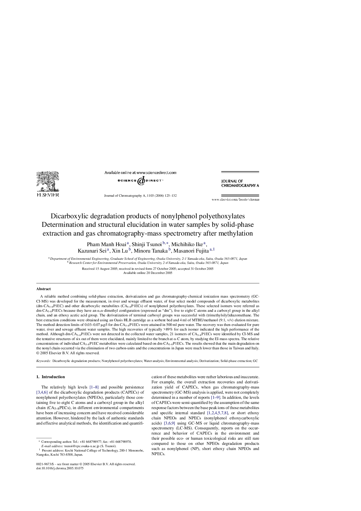 عکس صفحه اول مقاله: Dicarboxylic degradation products of nonylphenol polyethoxylates: Determination and structural elucidation in water samples by solid-phase extraction and gas chromatography-mass spectrometry after methylation Dicarboxylic degradation products of nonylphenol polyethoxylates: Determination and structural elucidation in water samples by solid-phase extraction and gas chromatography-mass spectrometry after methylation