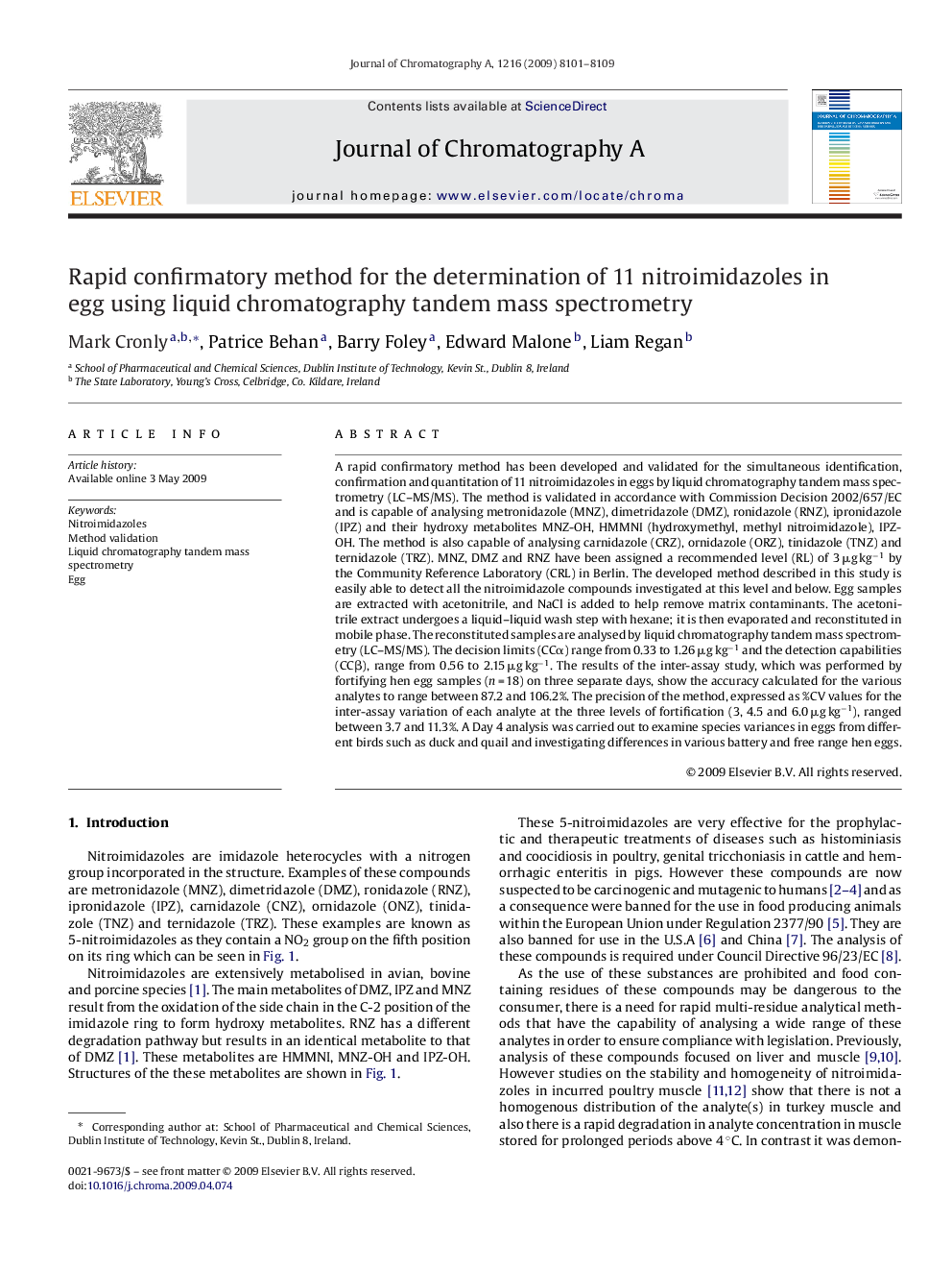 Rapid confirmatory method for the determination of 11 nitroimidazoles in egg using liquid chromatography tandem mass spectrometry