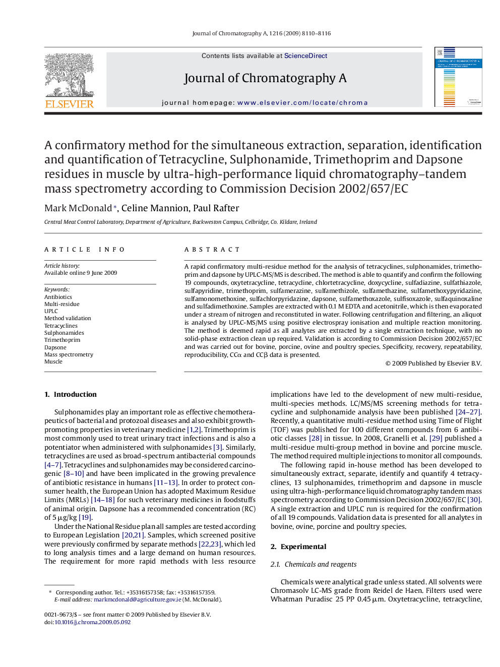 A confirmatory method for the simultaneous extraction, separation, identification and quantification of Tetracycline, Sulphonamide, Trimethoprim and Dapsone residues in muscle by ultra-high-performance liquid chromatography–tandem mass spectrometry accord