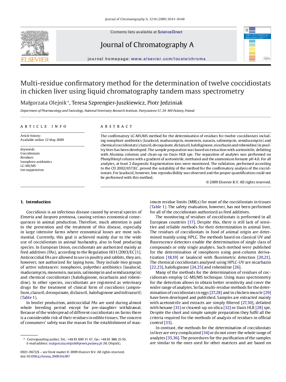 Multi-residue confirmatory method for the determination of twelve coccidiostats in chicken liver using liquid chromatography tandem mass spectrometry