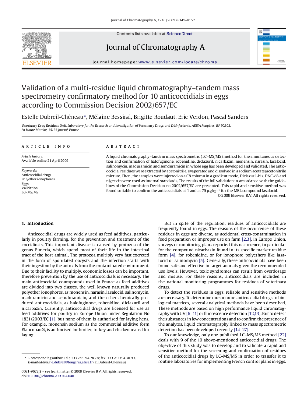 Validation of a multi-residue liquid chromatography–tandem mass spectrometry confirmatory method for 10 anticoccidials in eggs according to Commission Decision 2002/657/EC