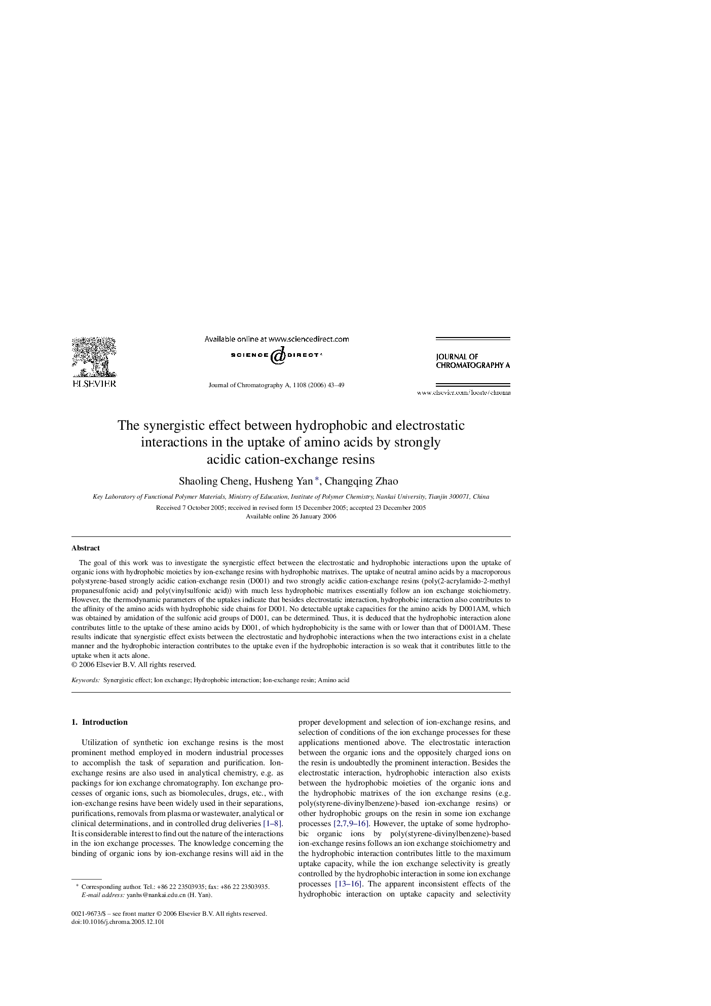 The synergistic effect between hydrophobic and electrostatic interactions in the uptake of amino acids by strongly acidic cation-exchange resins