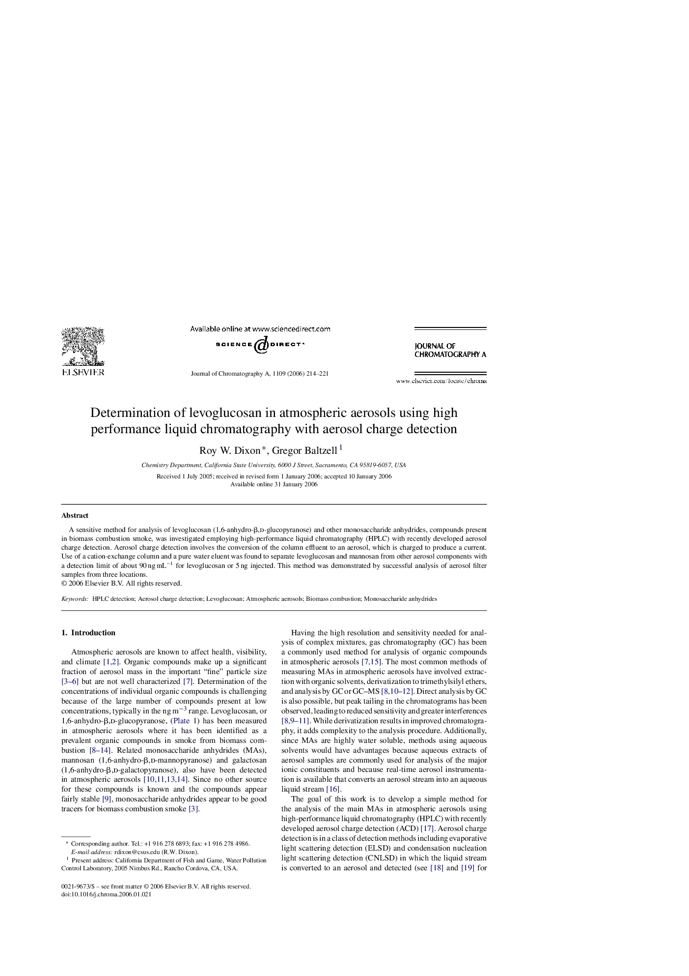 Determination of levoglucosan in atmospheric aerosols using high performance liquid chromatography with aerosol charge detection