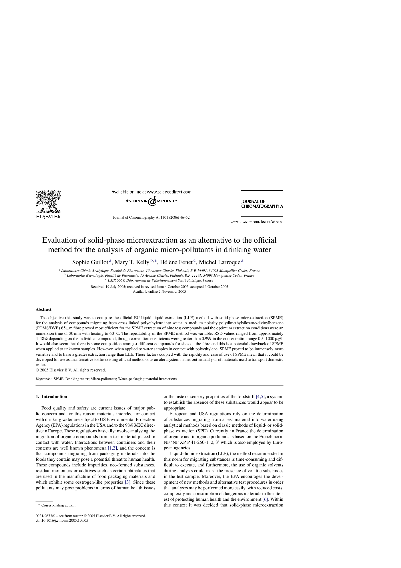 Evaluation of solid-phase microextraction as an alternative to the official method for the analysis of organic micro-pollutants in drinking water