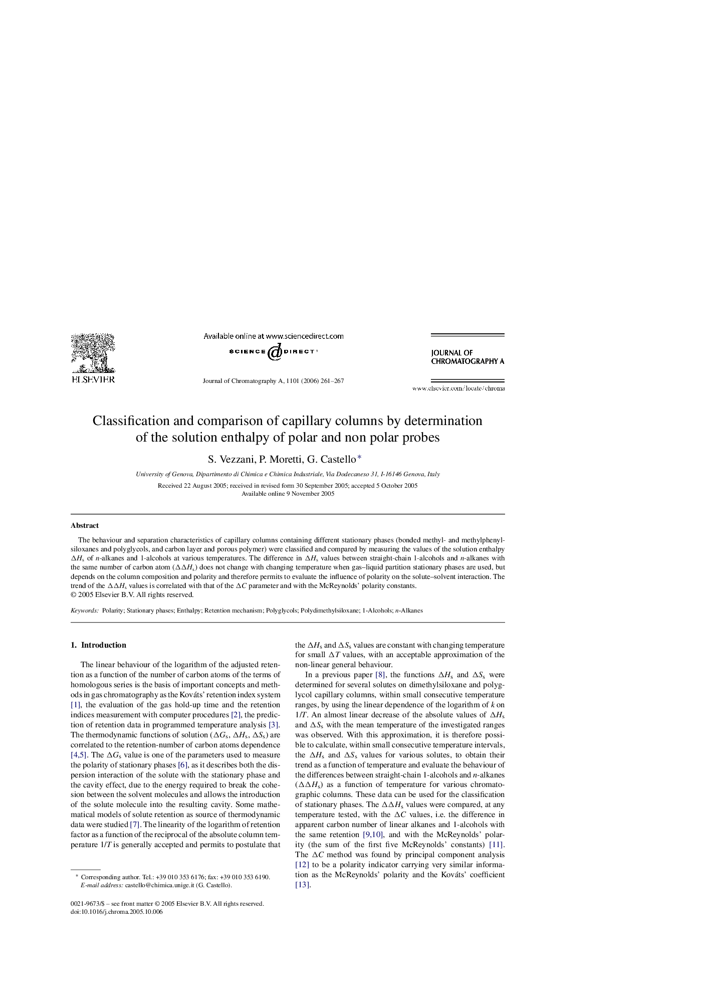 Classification and comparison of capillary columns by determination of the solution enthalpy of polar and non polar probes