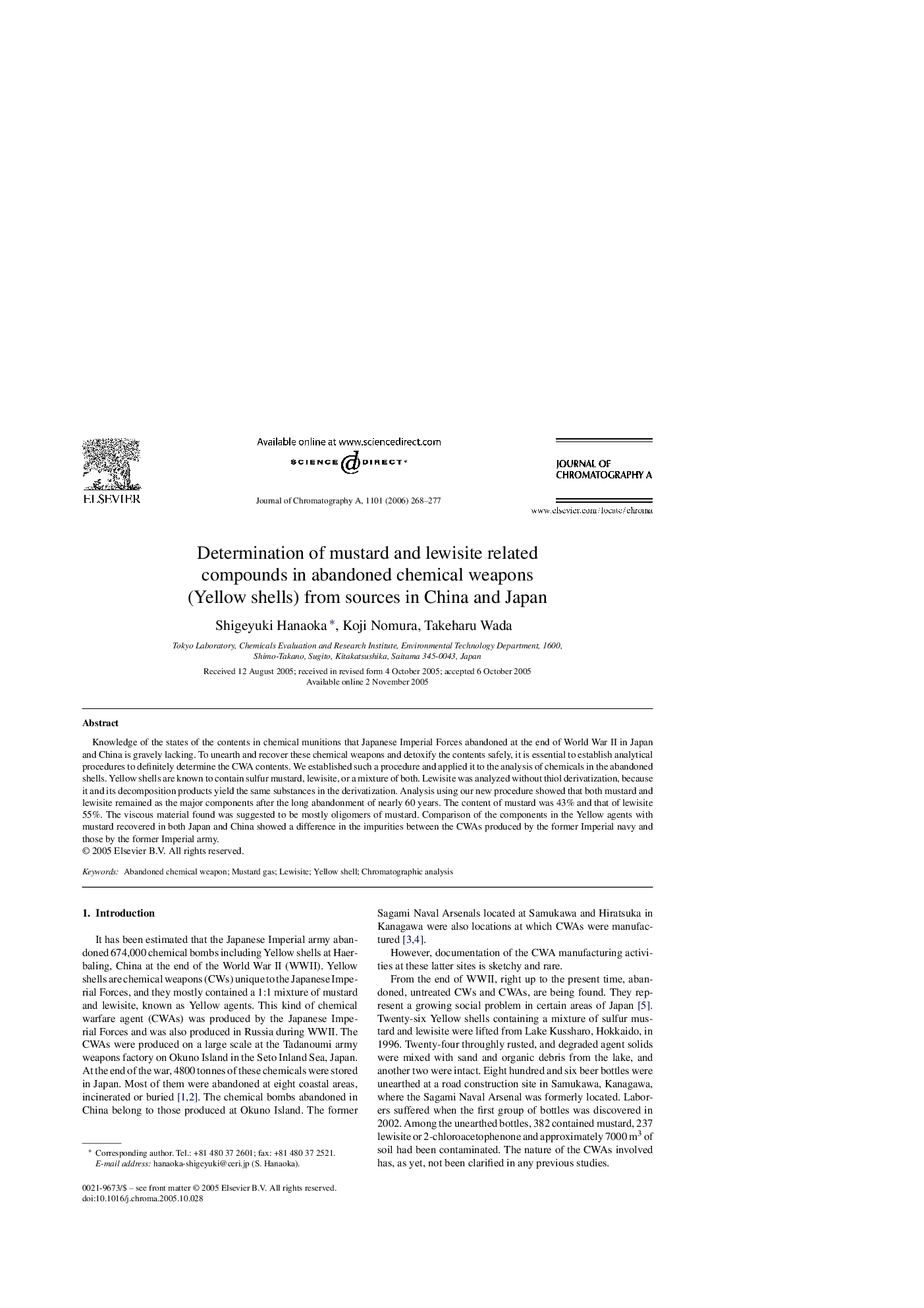 Determination of mustard and lewisite related compounds in abandoned chemical weapons (Yellow shells) from sources in China and Japan