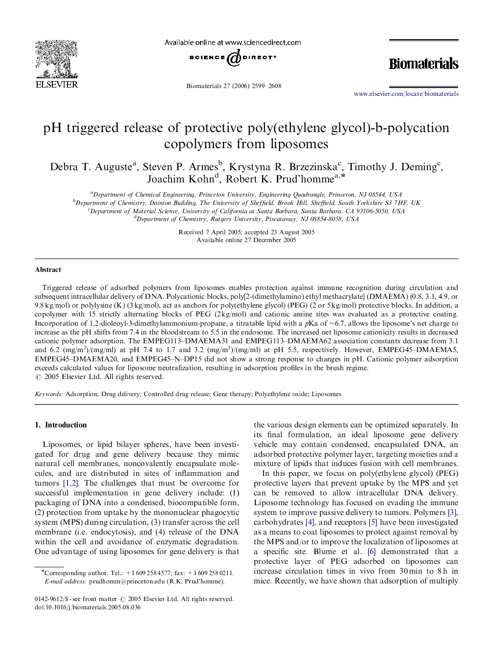 pH triggered release of protective poly(ethylene glycol)-b-polycation copolymers from liposomes