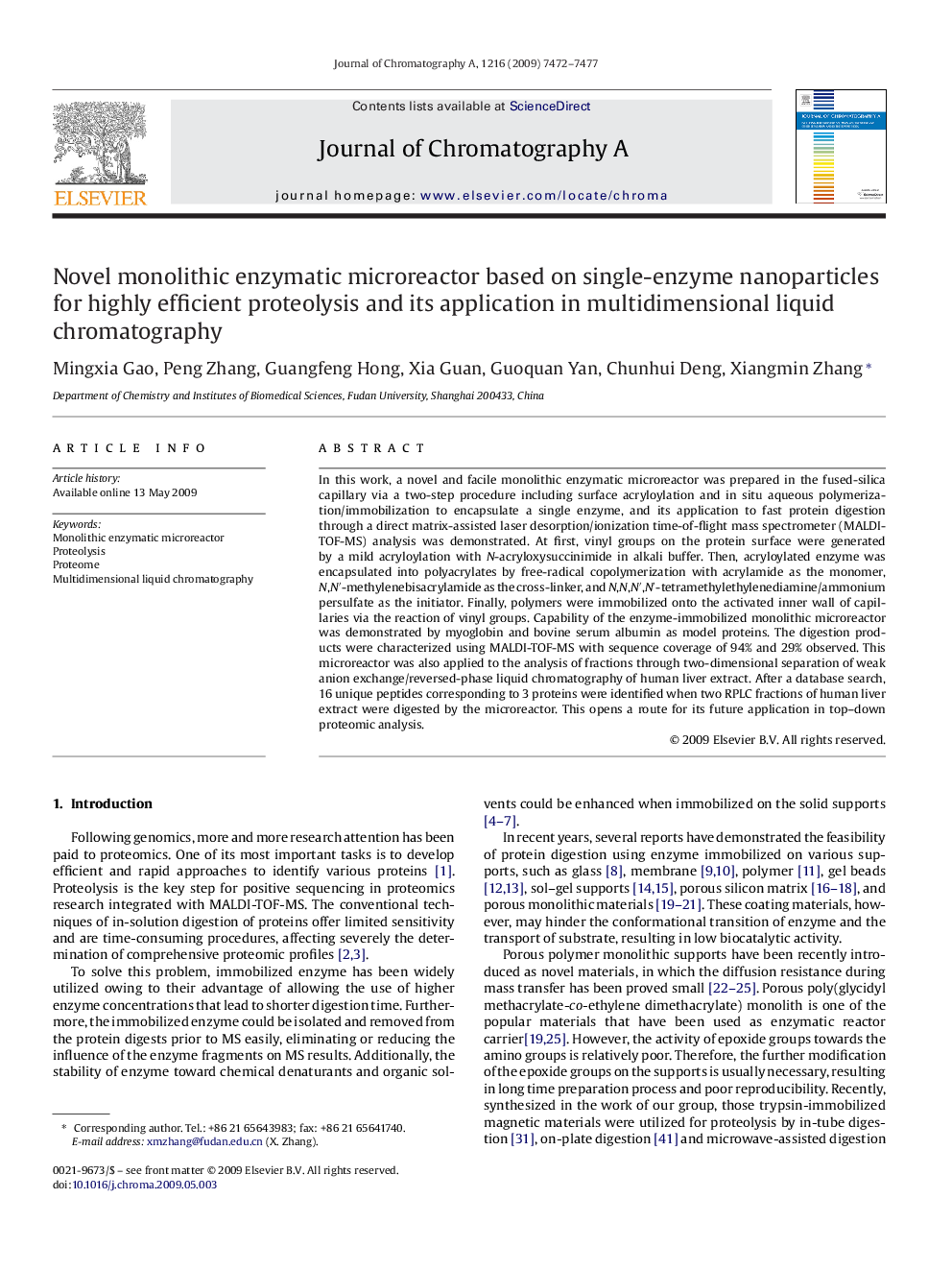 Novel monolithic enzymatic microreactor based on single-enzyme nanoparticles for highly efficient proteolysis and its application in multidimensional liquid chromatography