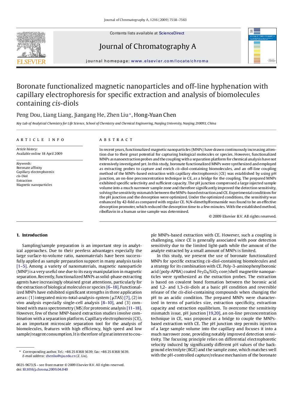 Boronate functionalized magnetic nanoparticles and off-line hyphenation with capillary electrophoresis for specific extraction and analysis of biomolecules containing cis-diols