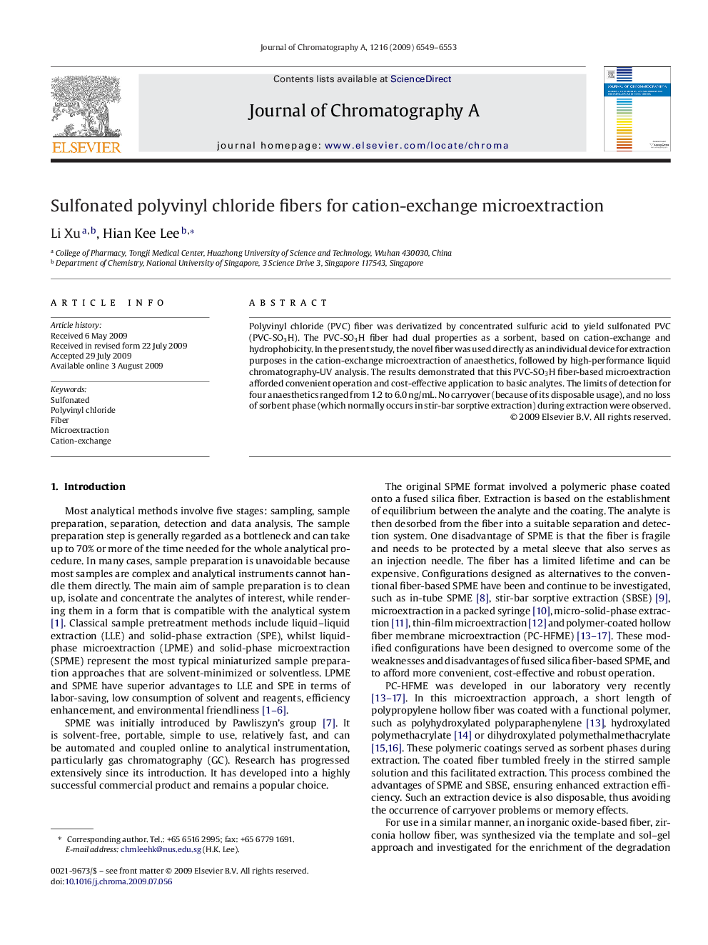 Sulfonated polyvinyl chloride fibers for cation-exchange microextraction