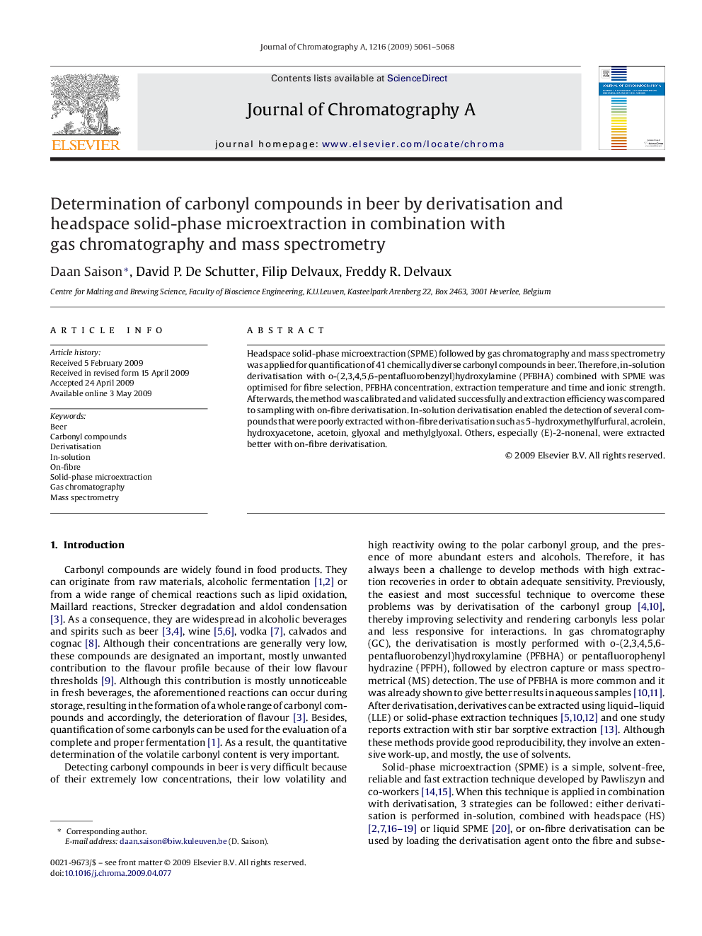 Determination of carbonyl compounds in beer by derivatisation and headspace solid-phase microextraction in combination with gas chromatography and mass spectrometry