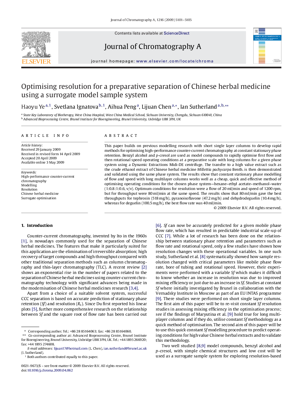 Optimising resolution for a preparative separation of Chinese herbal medicine using a surrogate model sample system