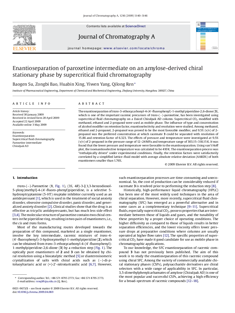 Enantioseparation of paroxetine intermediate on an amylose-derived chiral stationary phase by supercritical fluid chromatography