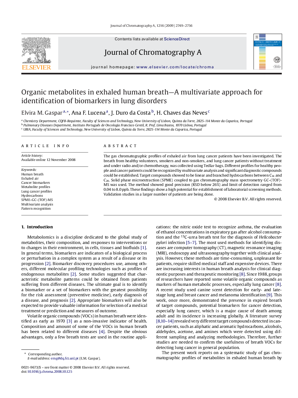 Organic metabolites in exhaled human breath—A multivariate approach for identification of biomarkers in lung disorders