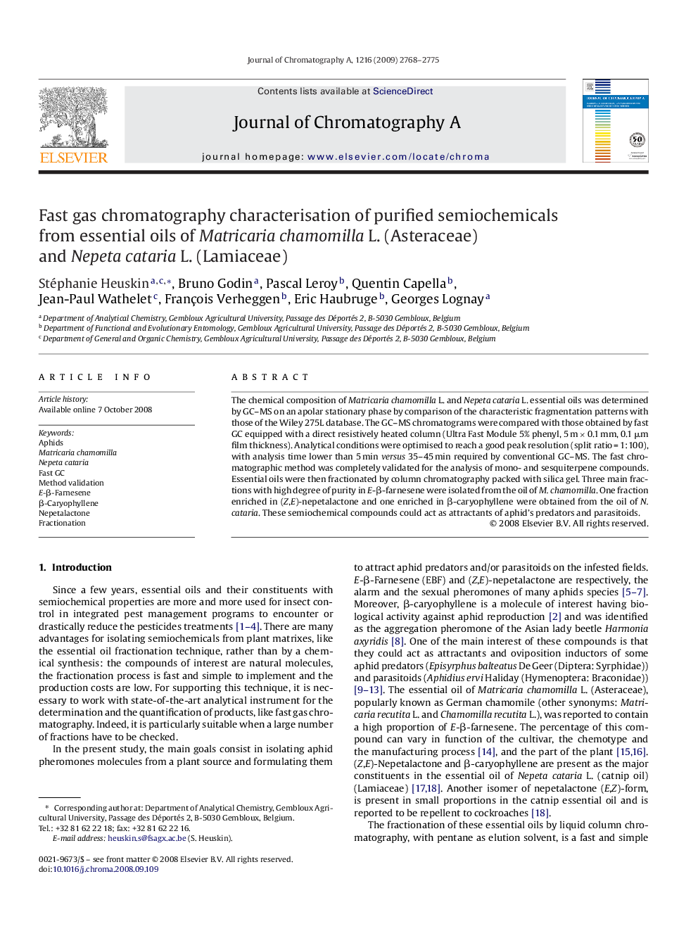 Fast gas chromatography characterisation of purified semiochemicals from essential oils of Matricaria chamomilla L. (Asteraceae) and Nepeta cataria L. (Lamiaceae)