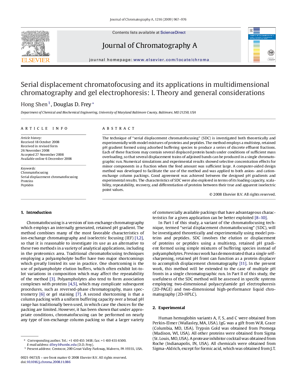 Serial displacement chromatofocusing and its applications in multidimensional chromatography and gel electrophoresis: I. Theory and general considerations