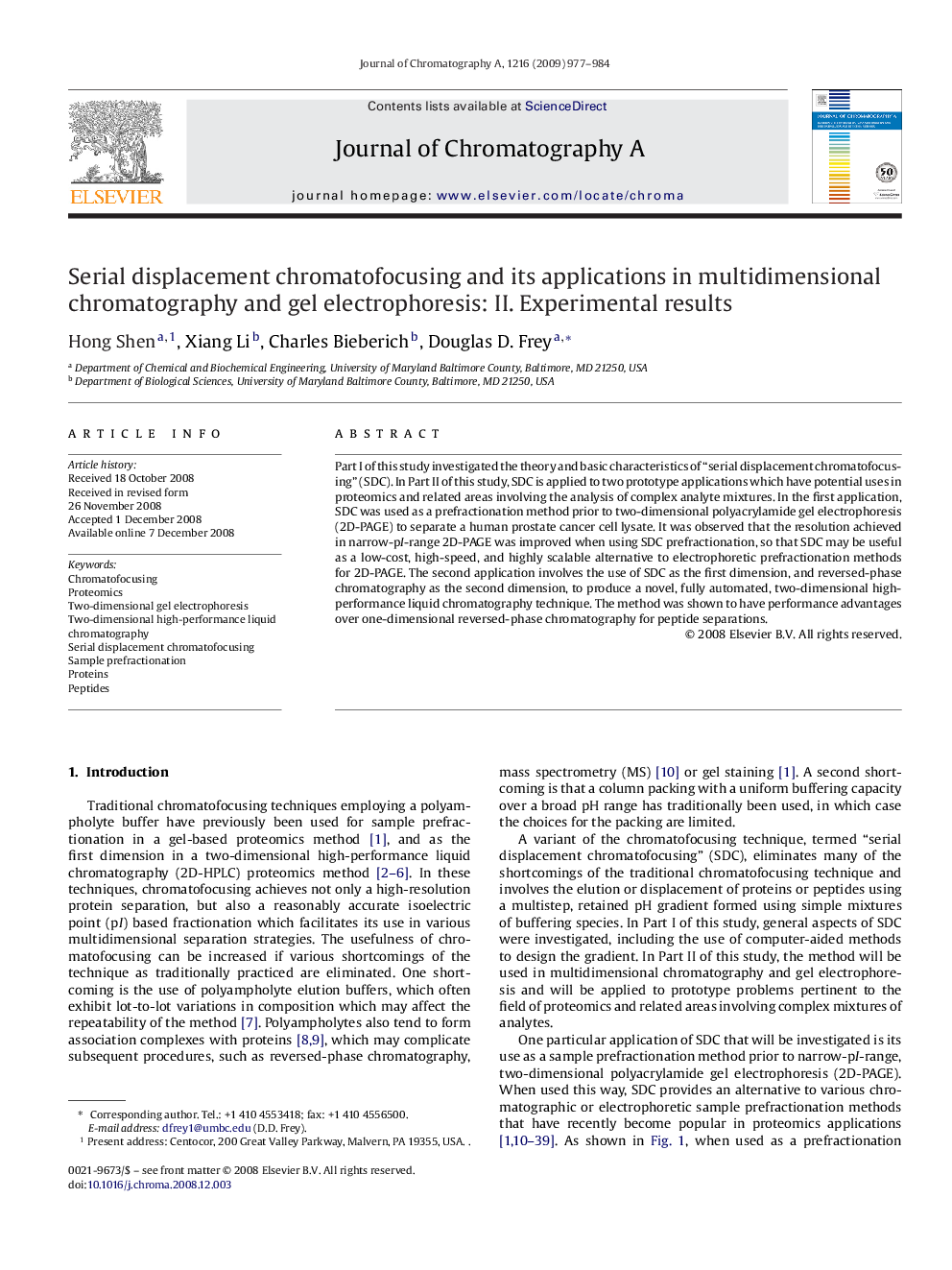 Serial displacement chromatofocusing and its applications in multidimensional chromatography and gel electrophoresis: II. Experimental results