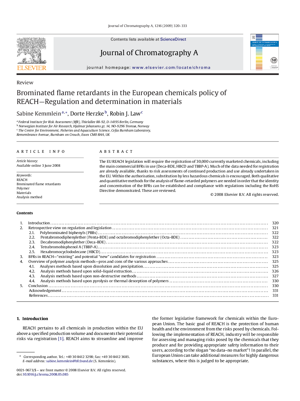 Brominated flame retardants in the European chemicals policy of REACH—Regulation and determination in materials