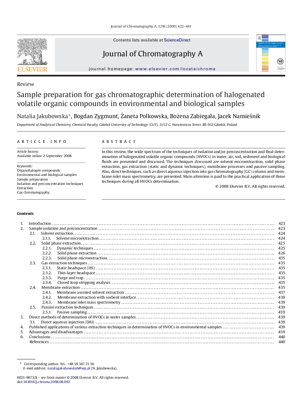 Sample preparation for gas chromatographic determination of halogenated volatile organic compounds in environmental and biological samples