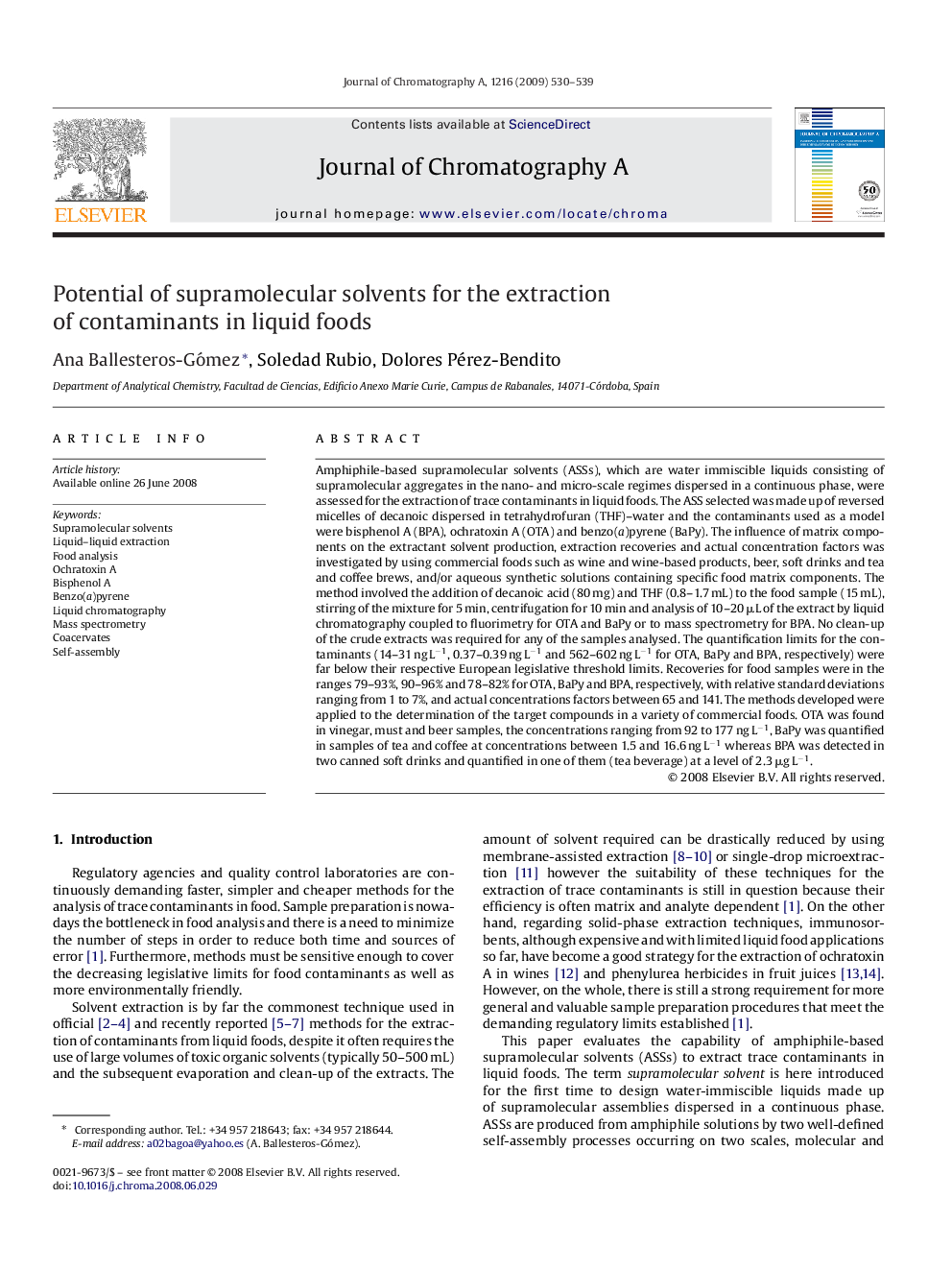 Potential of supramolecular solvents for the extraction of contaminants in liquid foods