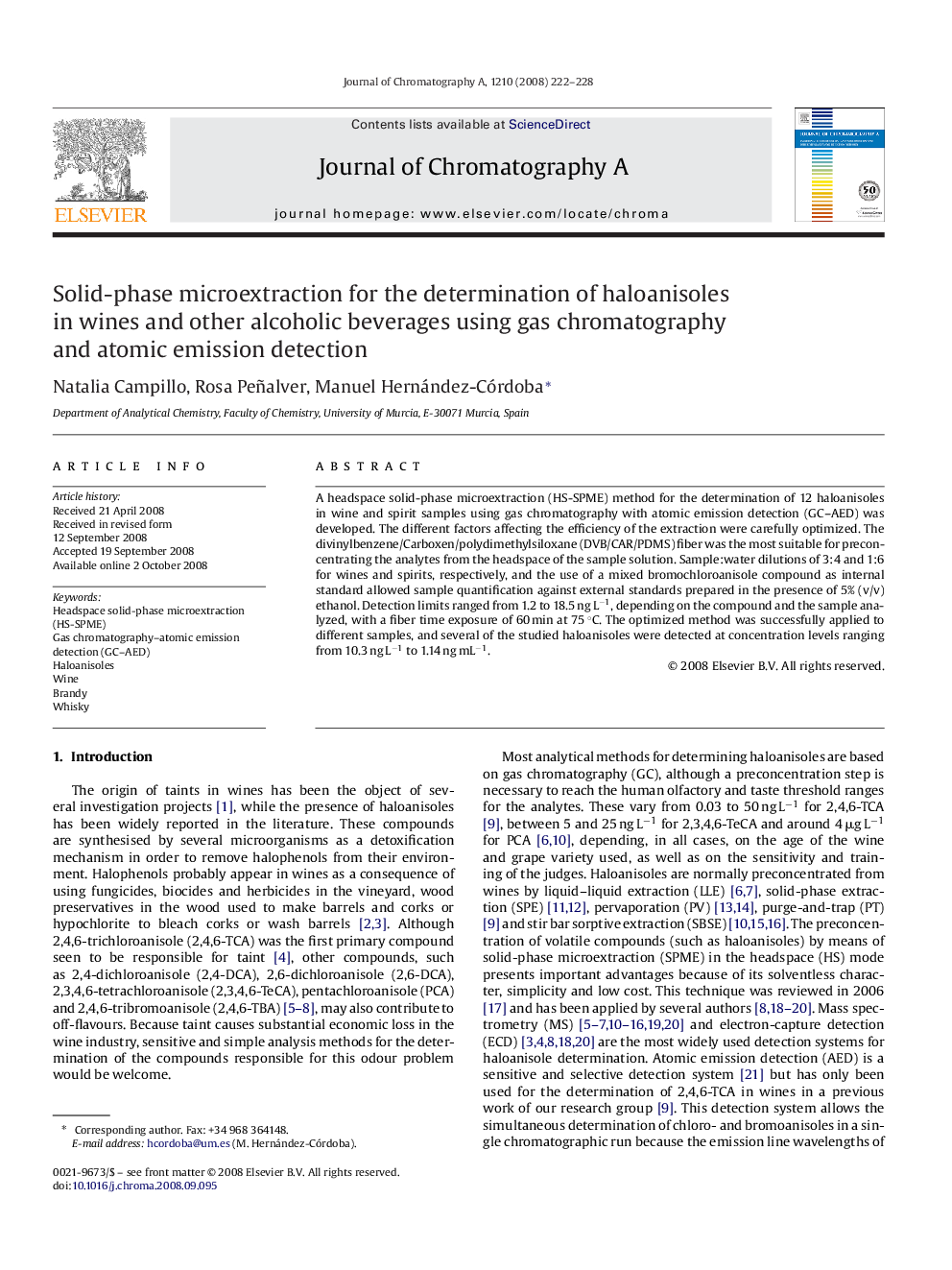 Solid-phase microextraction for the determination of haloanisoles in wines and other alcoholic beverages using gas chromatography and atomic emission detection