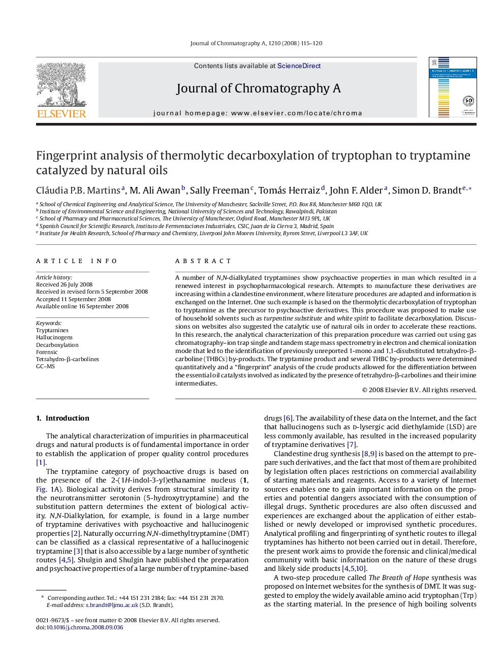 Fingerprint analysis of thermolytic decarboxylation of tryptophan to tryptamine catalyzed by natural oils