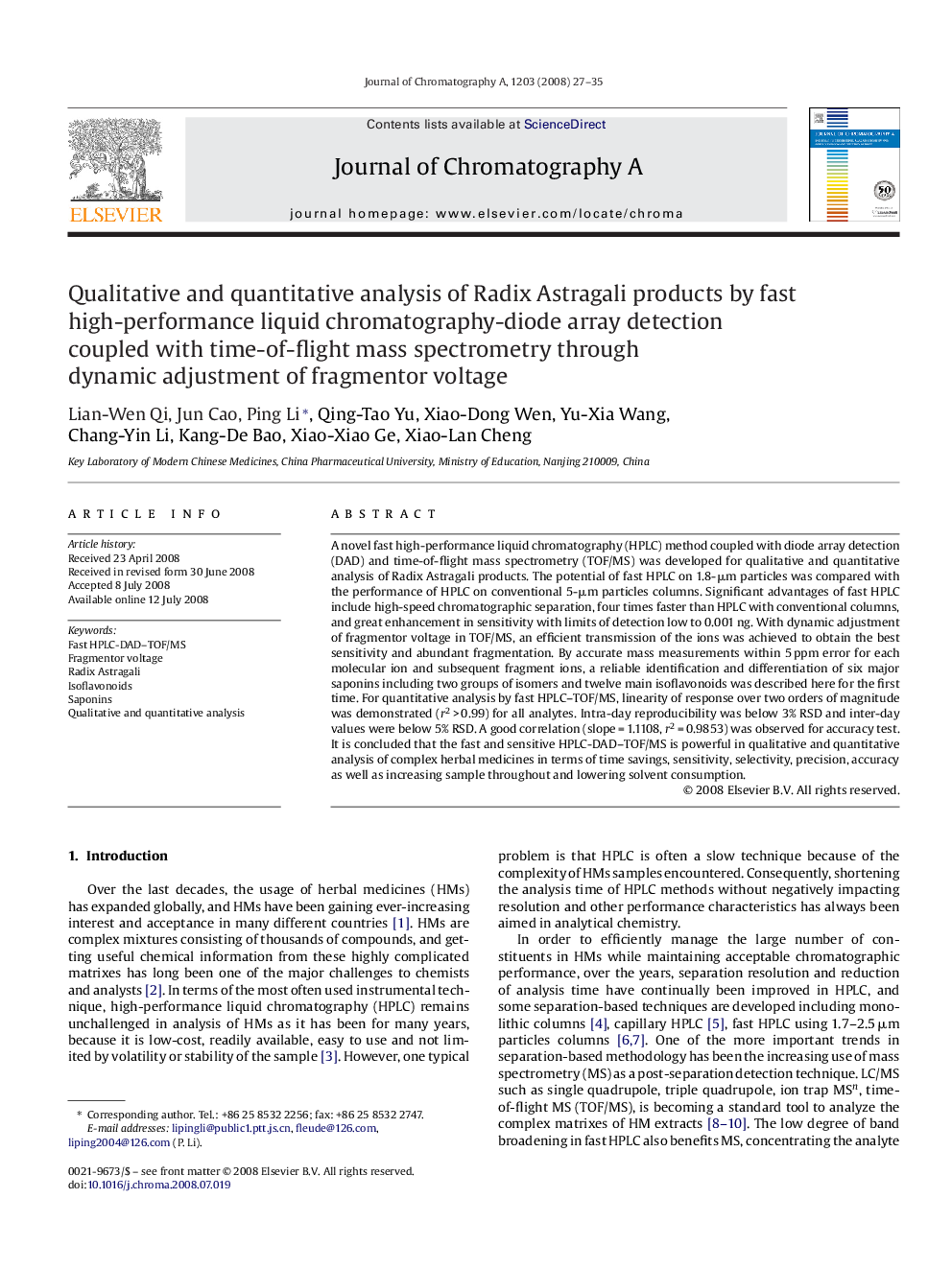 Qualitative and quantitative analysis of Radix Astragali products by fast high-performance liquid chromatography-diode array detection coupled with time-of-flight mass spectrometry through dynamic adjustment of fragmentor voltage