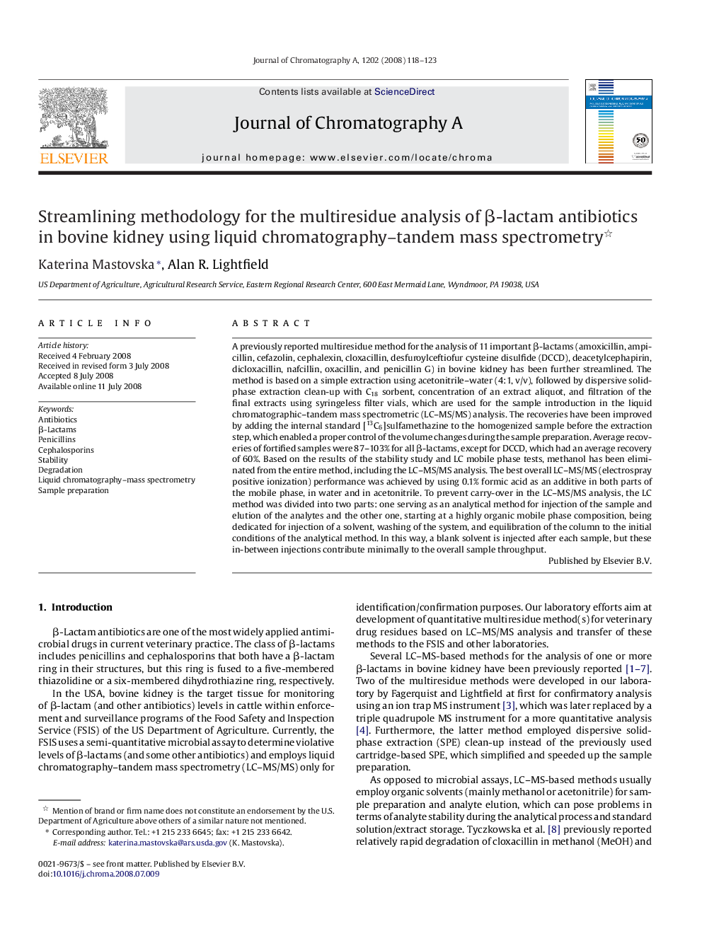 Streamlining methodology for the multiresidue analysis of β-lactam antibiotics in bovine kidney using liquid chromatography–tandem mass spectrometry 