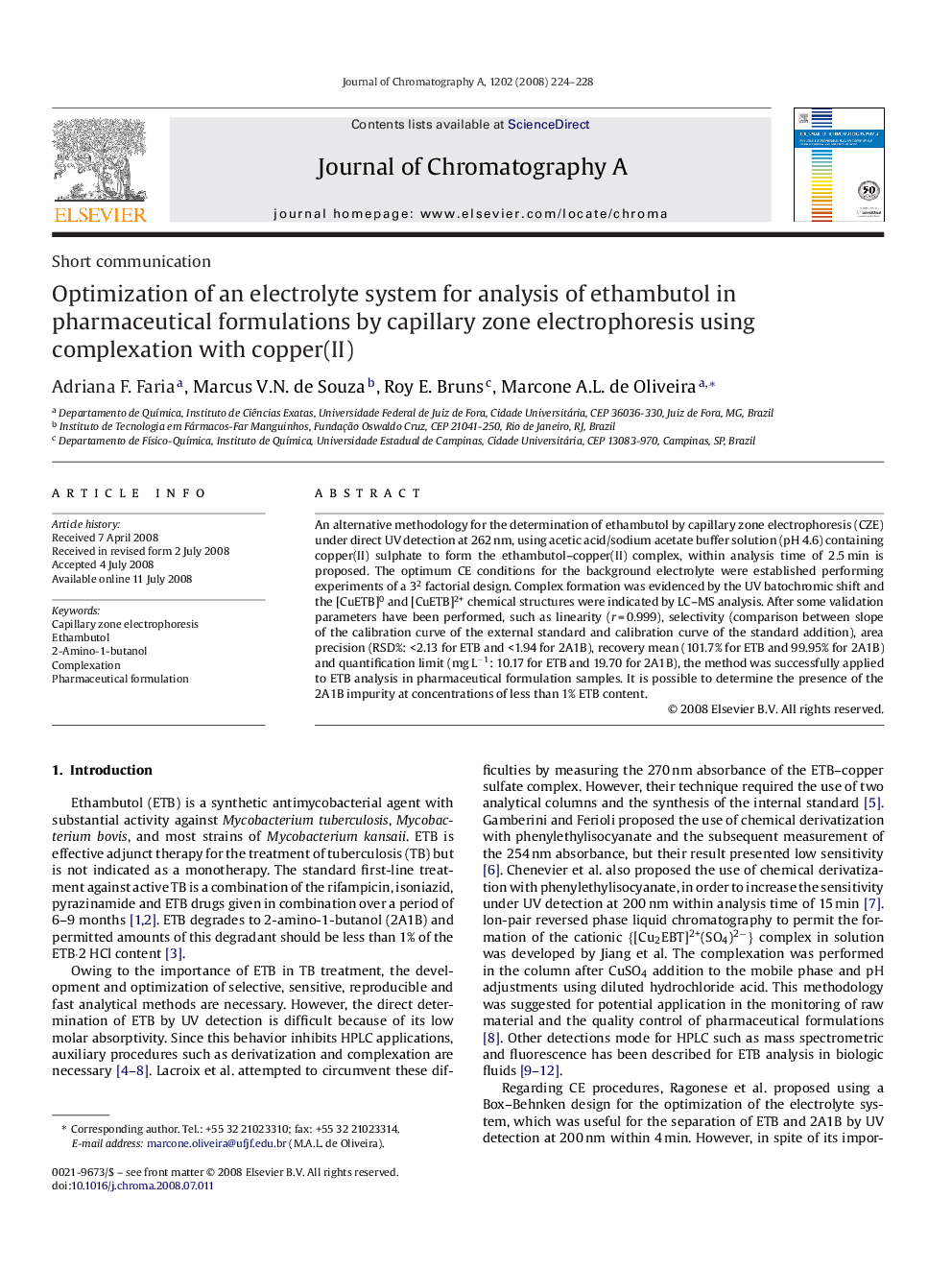 Optimization of an electrolyte system for analysis of ethambutol in pharmaceutical formulations by capillary zone electrophoresis using complexation with copper(II)